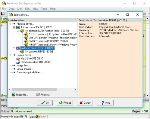 DiskExplorer: Select drive-Dialog mit verfügbaren Laufwerken